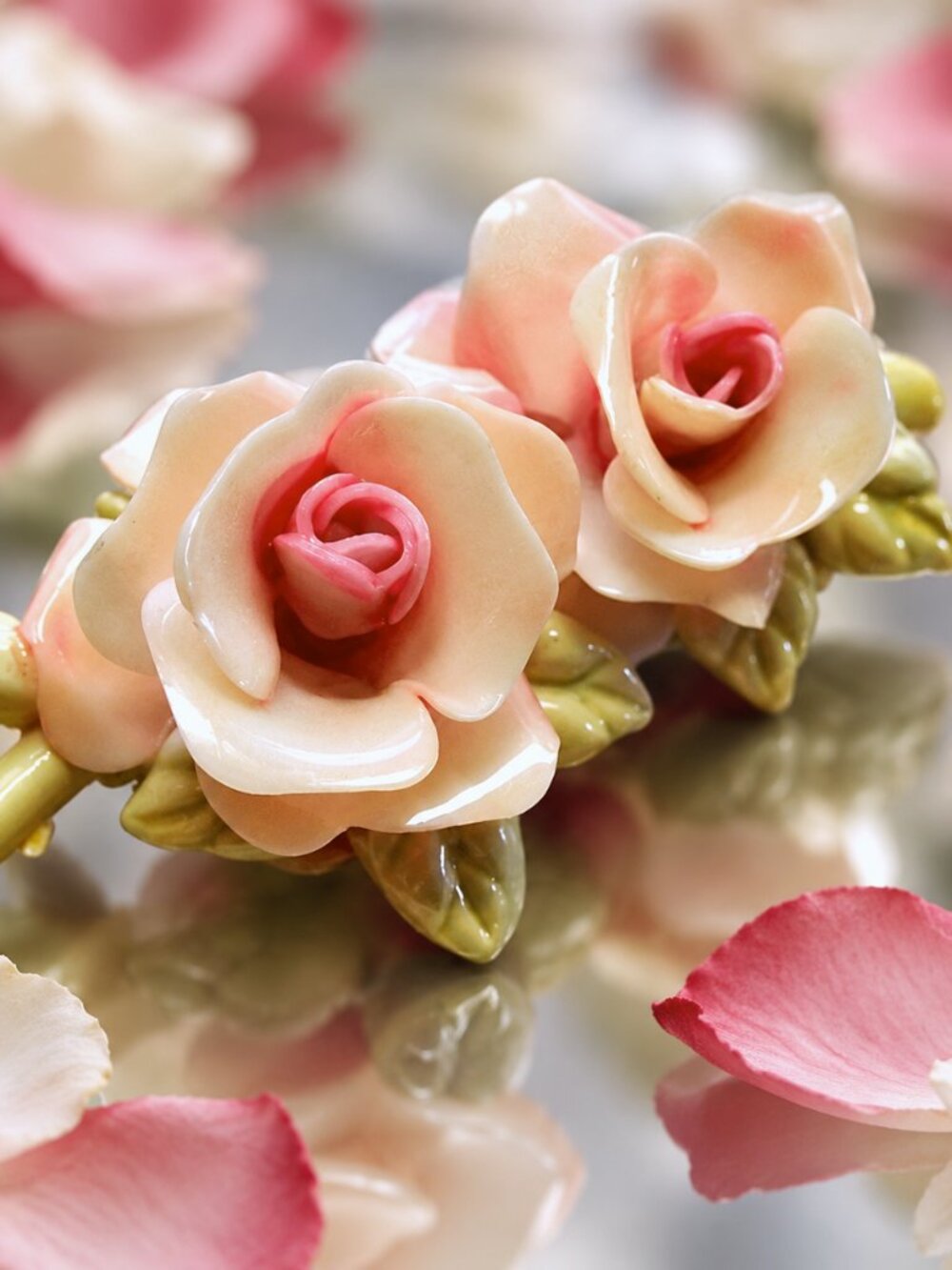 1930s RARE Antique English Celluloid Pale Pink Roses Pin